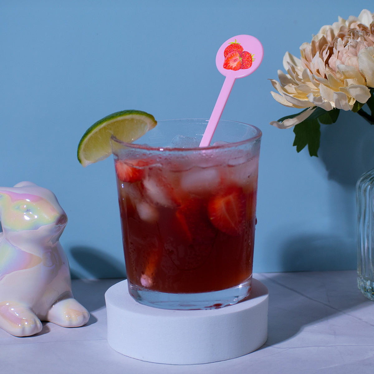 Agitador de tallo plano con tapa de disco, personalizado, rosa claro, de 7" con impresión a doble cara 