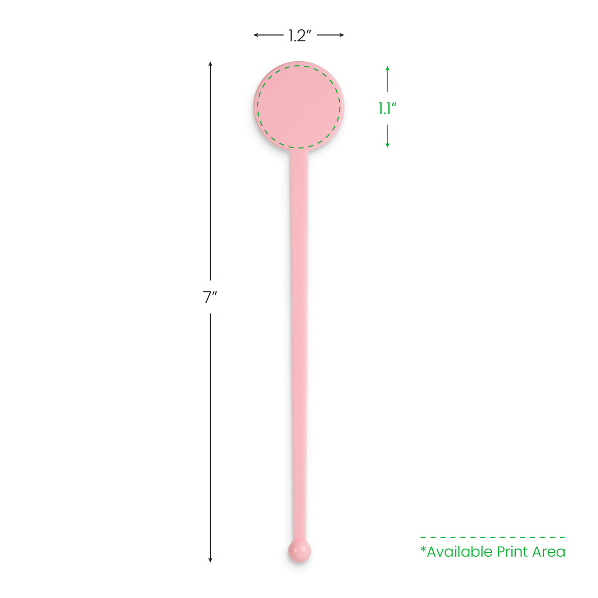 Agitador de tallo plano con tapa de disco, personalizado, rosa claro, de 7" con impresión a doble cara 