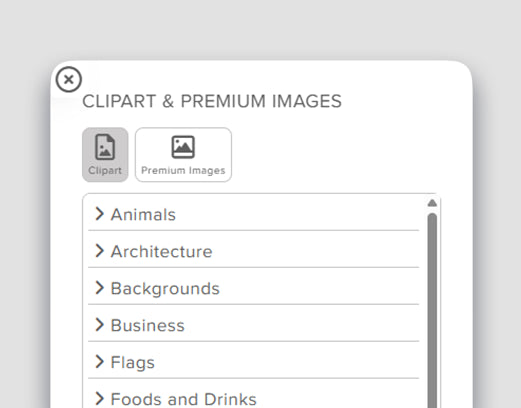 Clipart & Premium Images browser with the category list expanded