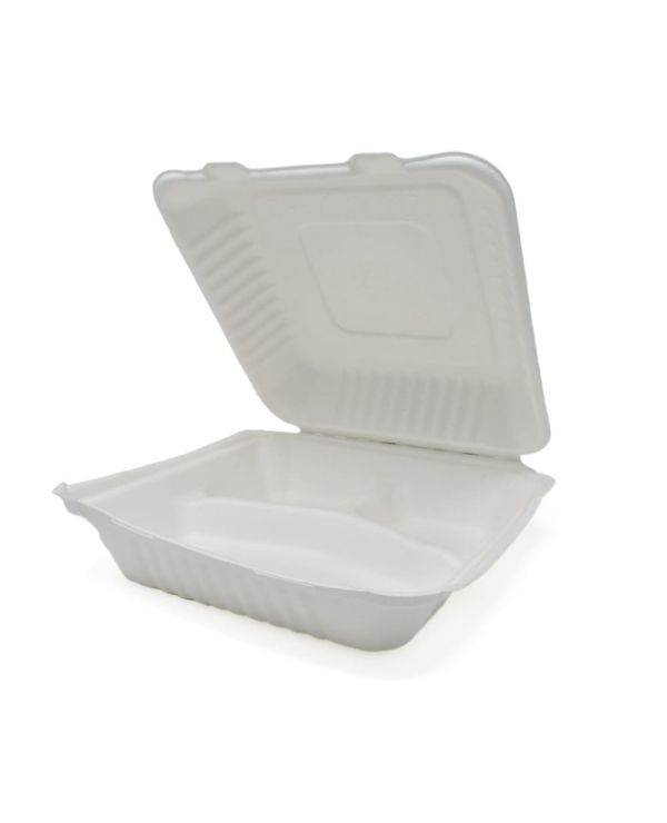 9" x 9" x 3"  Sugarcane Bagasse 3 Compartment Clamshell  Container - 50/pack