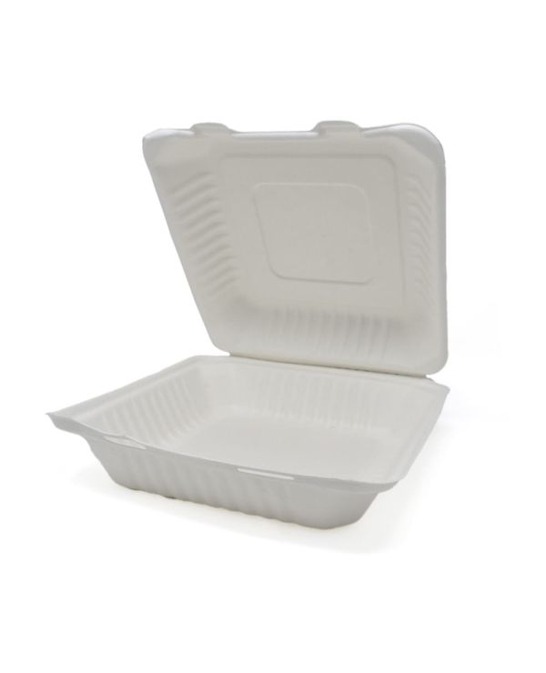 9" x 9" x 3" Sugarcane Bagasse 1 Compartment Clamshell Container - 50/pack