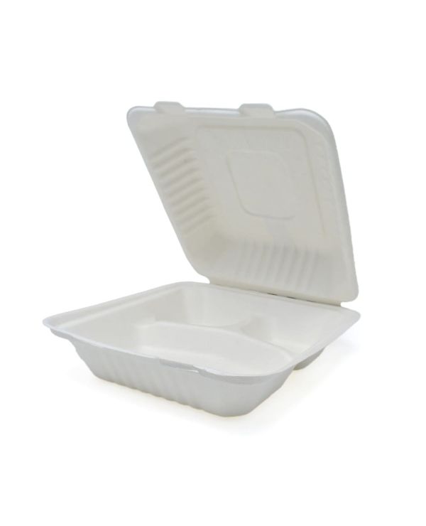 8" x 8" x 3" Sugarcane Bagasse 3 Compartment Clamshell  Container - 50/pack