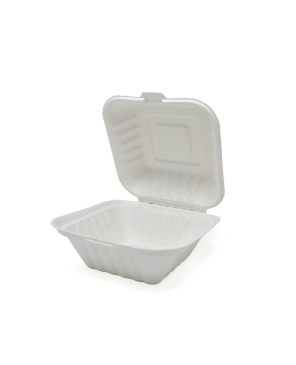 6" x 6" x 3" Sugarcane Bagasse 1 Compartment Clamshell Container - 50/pack