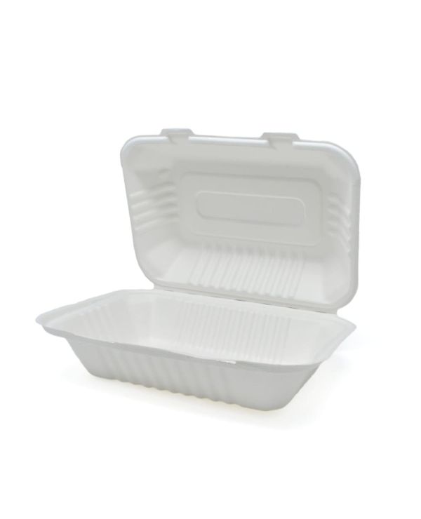 9" x 6" x 3" Sugarcane Bagasse 1 Compartment Clamshell Container - 50/pack