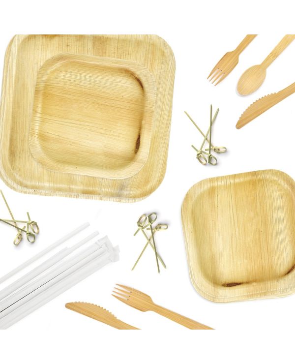 100 Guest, Square Palm Leaf Plate Party Kit